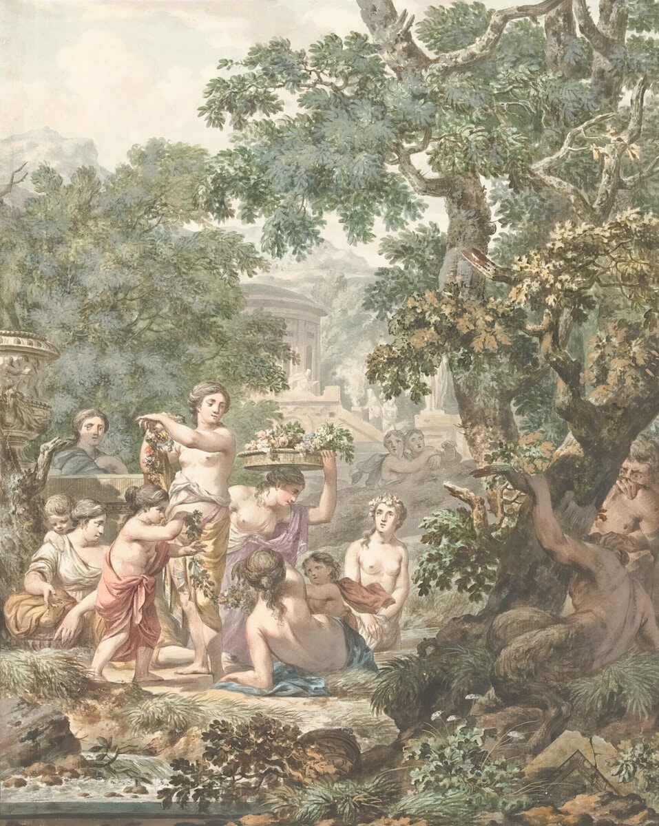 Mythological figures in a lush, pastoral landscape