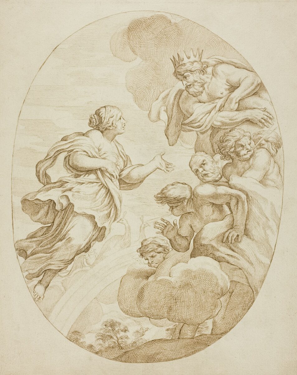 A drawing of mythological figures in the sky